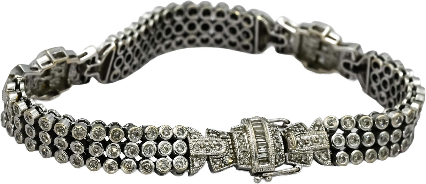 14k White Gold Round and Baguette Cut Diamond Fancy Link Bracelet 3.35CT