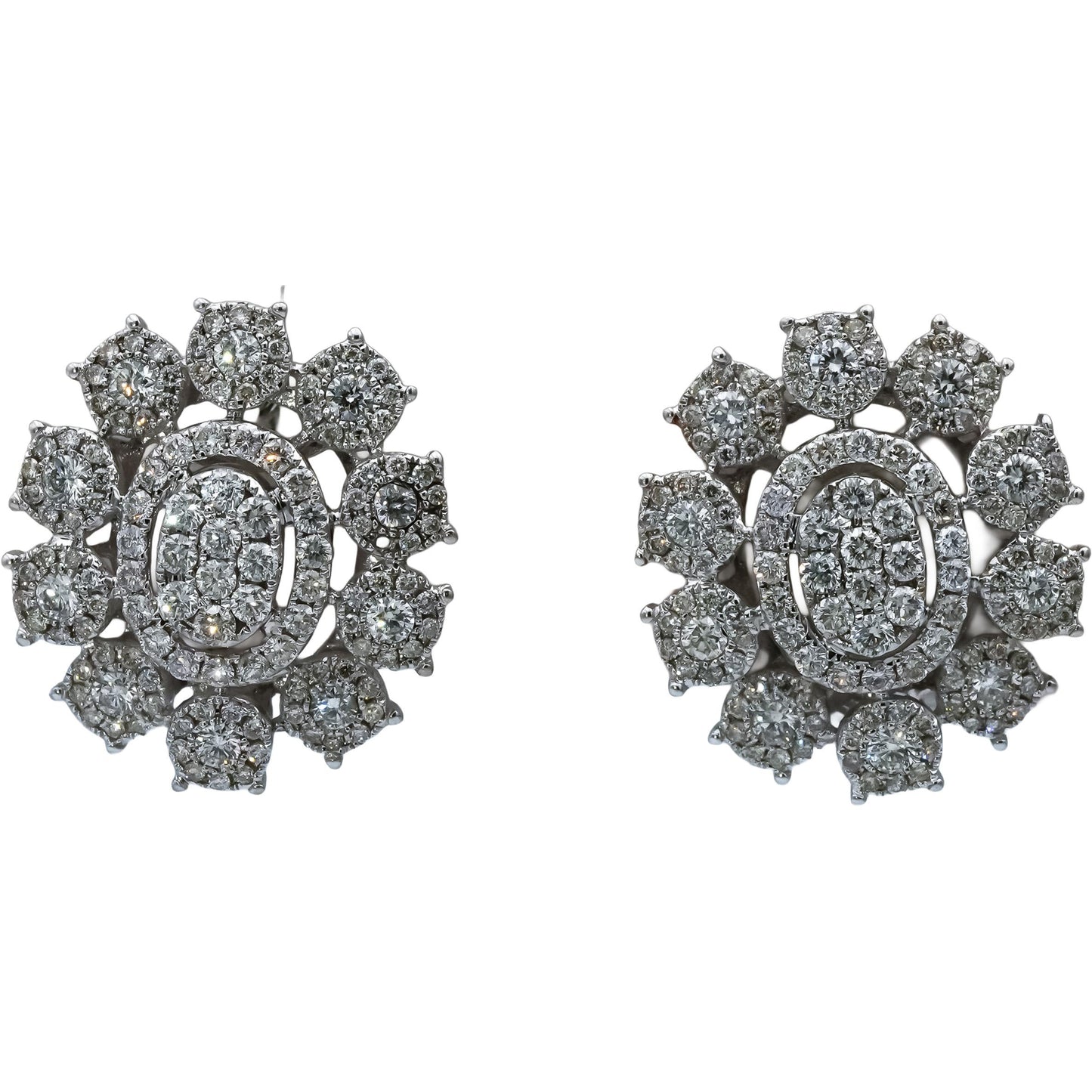 18k White Gold VS Round Diamond Pave Cluster Earrings 2.25CT