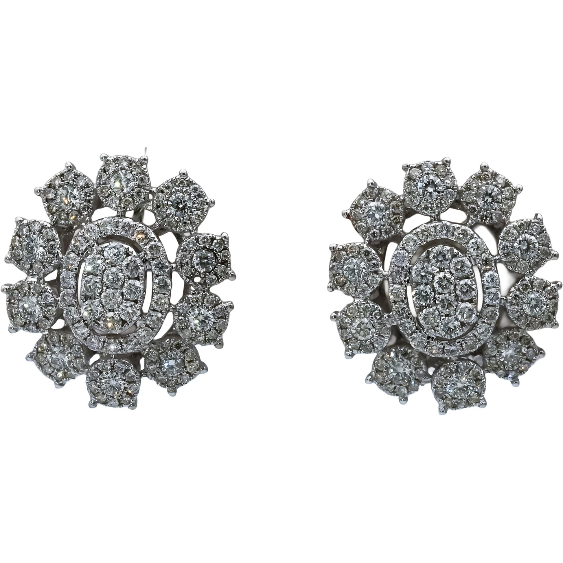 18k White Gold VS Round Diamond Pave Cluster Earrings 2.25CT
