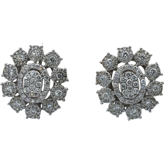 18k White Gold VS Round Diamond Pave Cluster Earrings 2.25CT