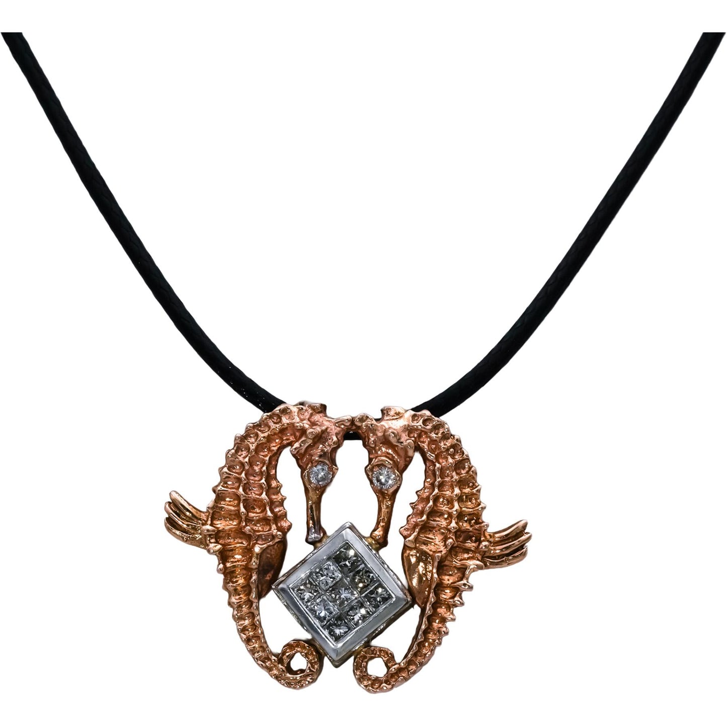 14k Rose and White Gold Round Princess Diamond Seahorse Pendant Necklace 0.50CT