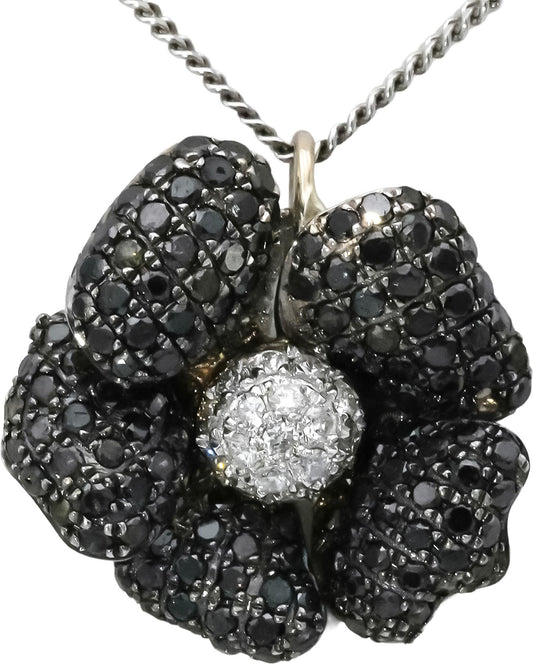 18k White Gold White and Black Diamond Cluster Flower Pendant Necklace 1.25CT