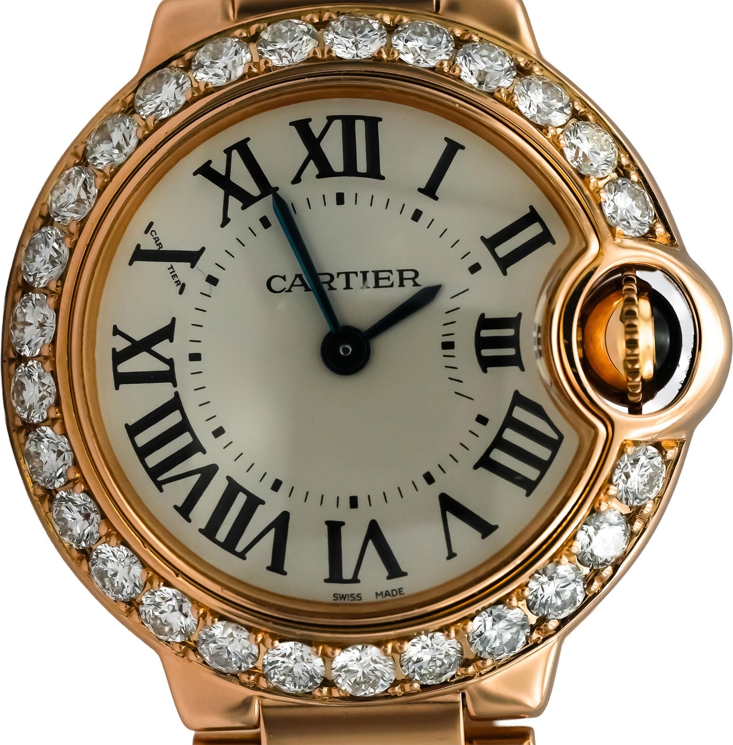 CARTIER 18k Rose Gold Ballon Bleu Diamond Bezel 28mm Ladies Watch Ref 80482NX