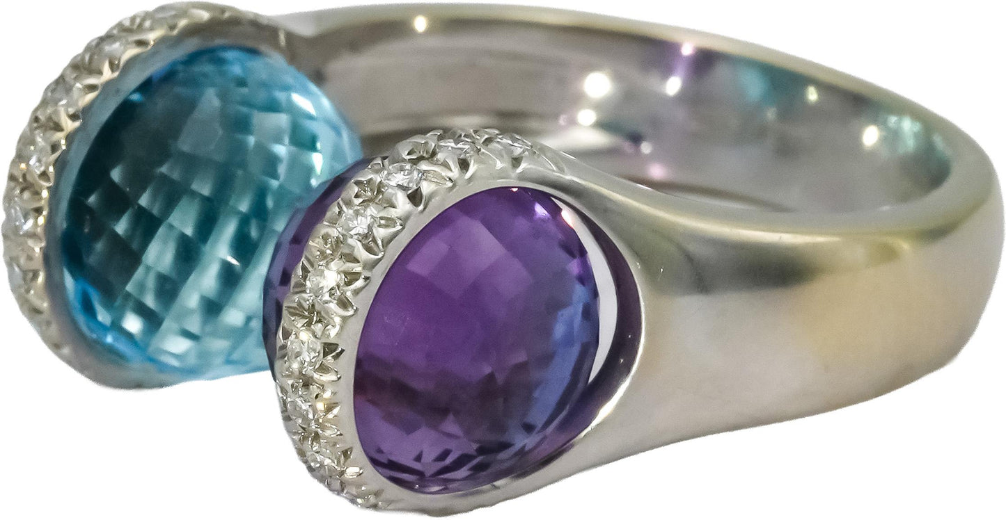BIBIGI 18k White Gold Diamond Amethyst Blue Topaz Bypass Ring 0.25CT Size 6.25