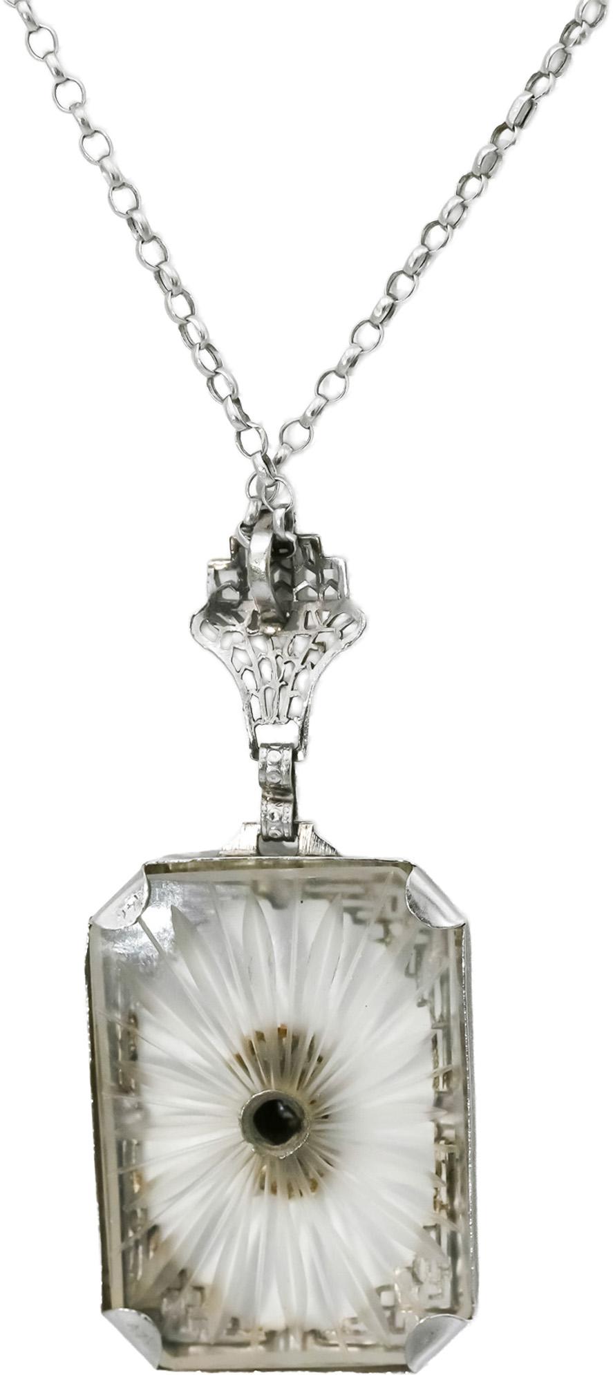 Vintage Antique 14k White Gold Rock Quartz Pendant Necklace w/ Diamond Accent