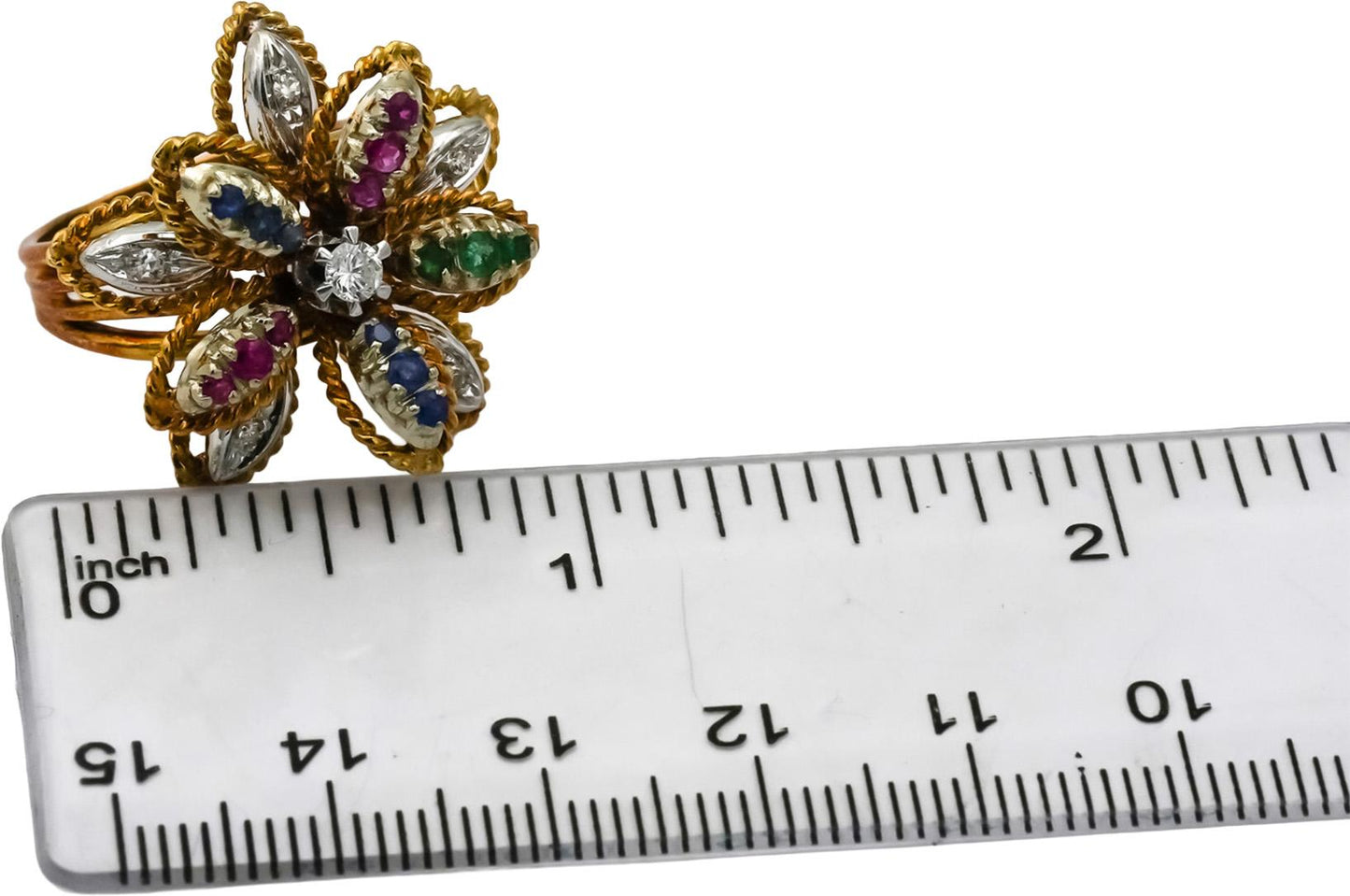 Vintage 18k White Yellow Gold Diamond Ruby Emerald Flower Ring .60CT Size 6.5
