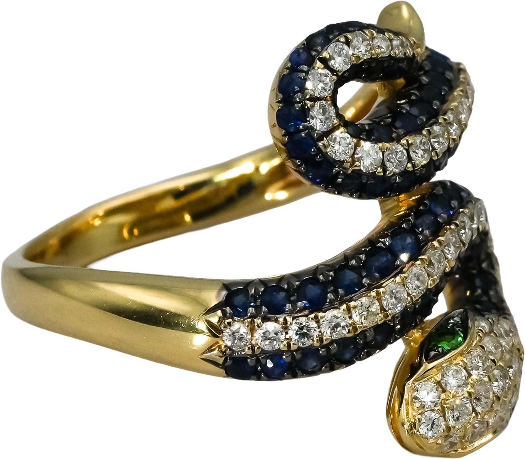 EFFY 14k Yellow Gold Diamond Sapphire Tsavorite Safari Snake Ring 1.49CT Size 8