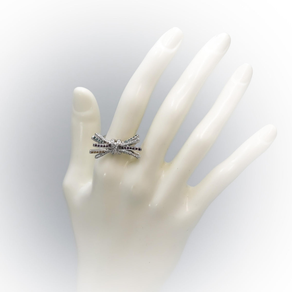 14k White Gold Multi-Color Diamond Bow Ribbon Ring 0.35CT Size 6