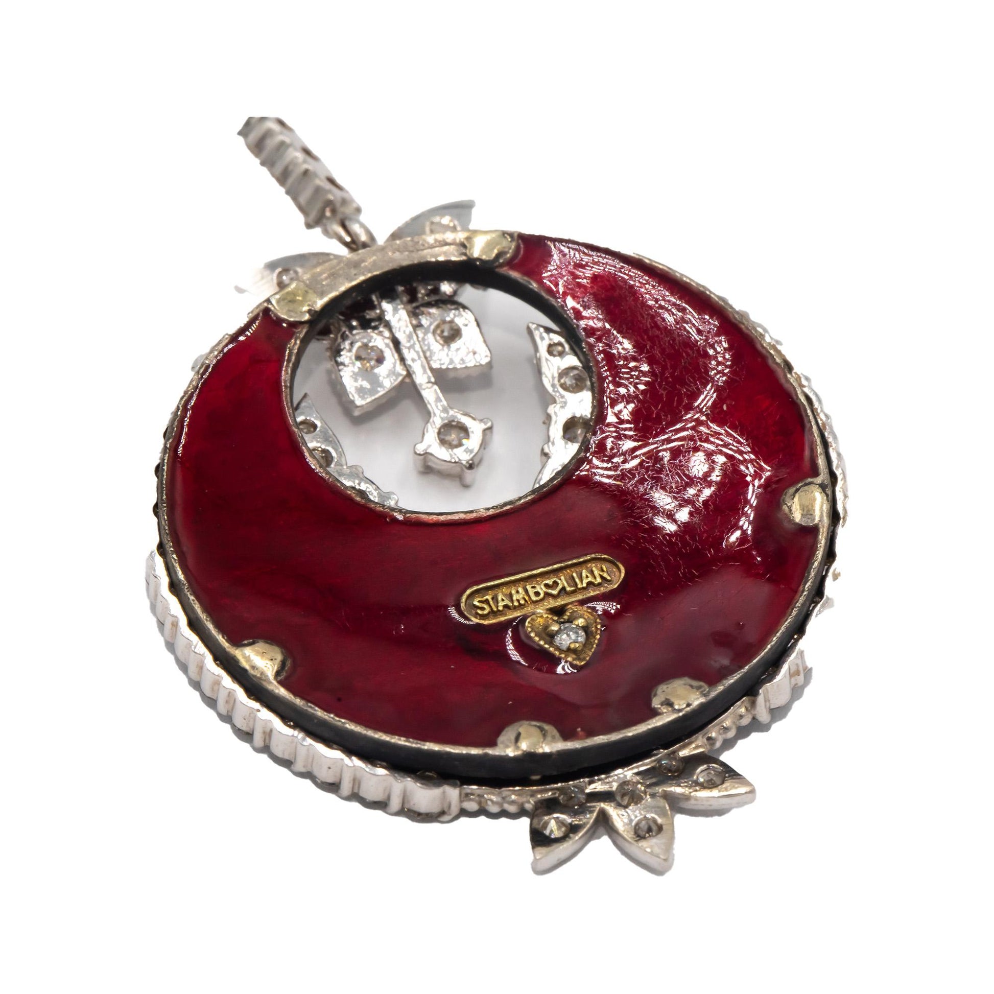 STAMBOLIAN 18k White Gold VS Diamond Red Enamel Floral Drop Earrings 8.10CT
