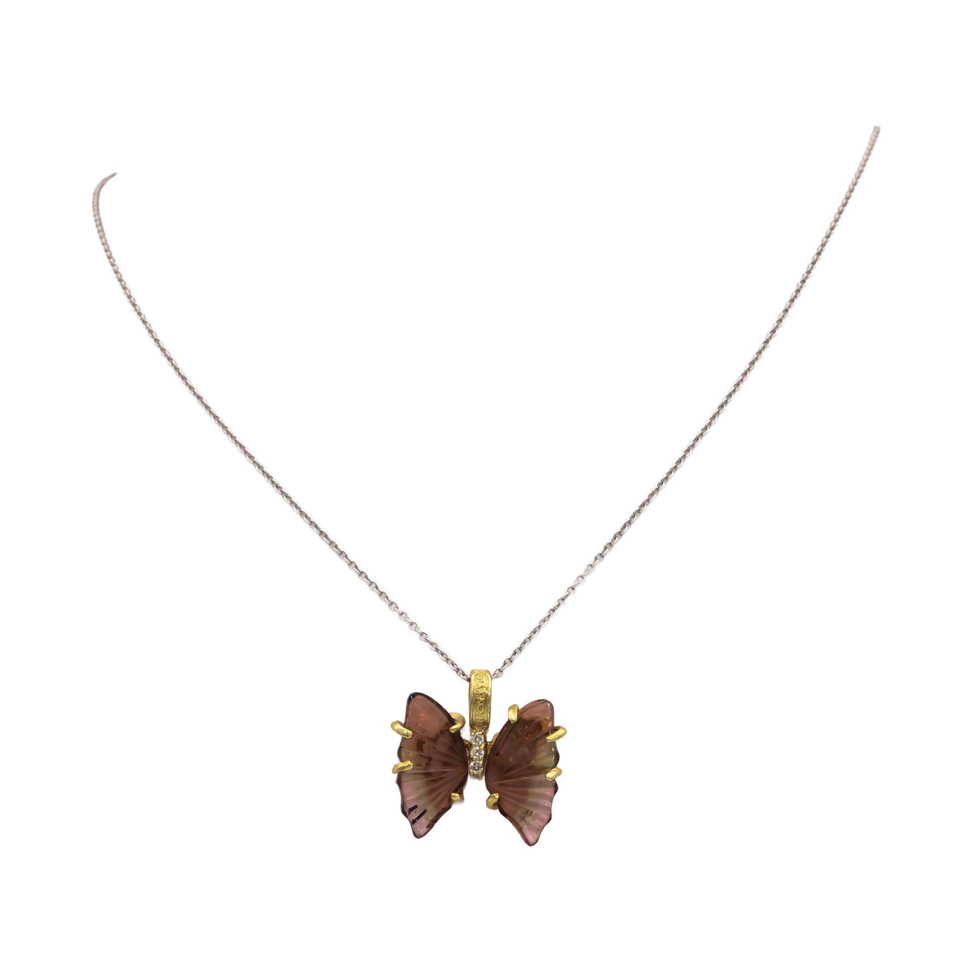 STAMBOLIAN 18k Gold 0.06CT Diamond and Tourmaline Butterfly Pendant Necklace