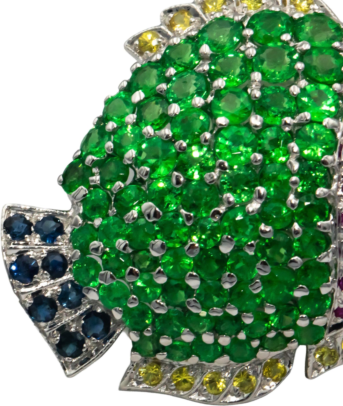 18k White Gold 5.10CT Diamond Ruby Sapphire & Green Garnet Tropical Fish Brooch