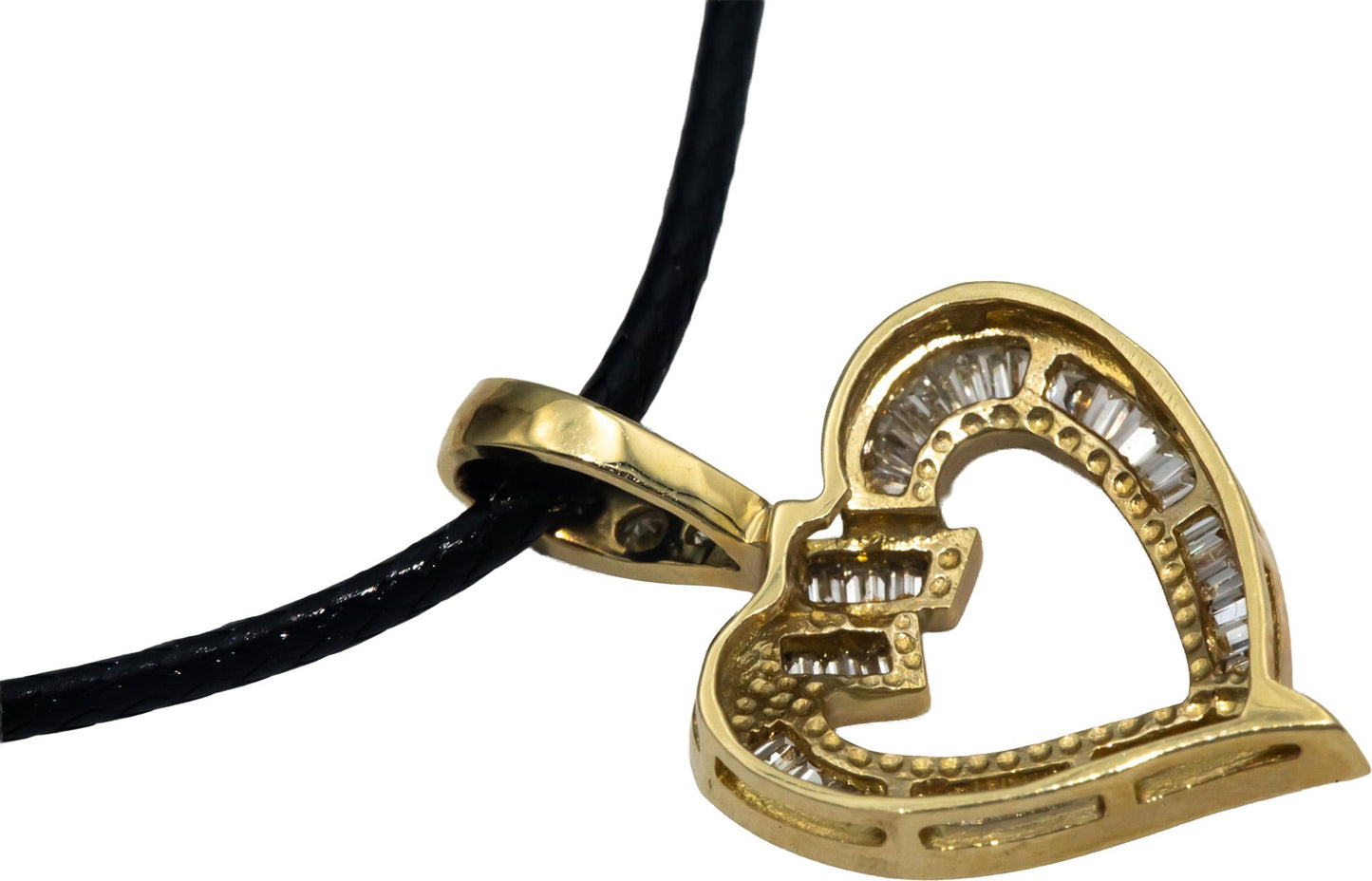 14k Yellow Gold 0.75CT VS Round & Baguette Cut Diamond Heart Pendant Necklace