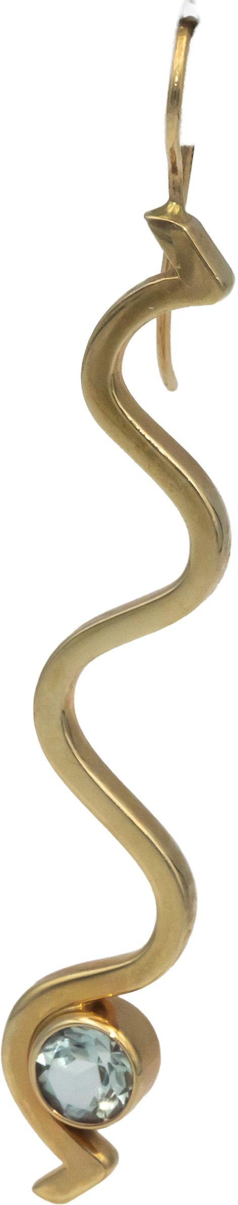 Designer Signed 14k Yellow Gold 1.10CT Round Cut Aquamarine Wavy Drop Earrings