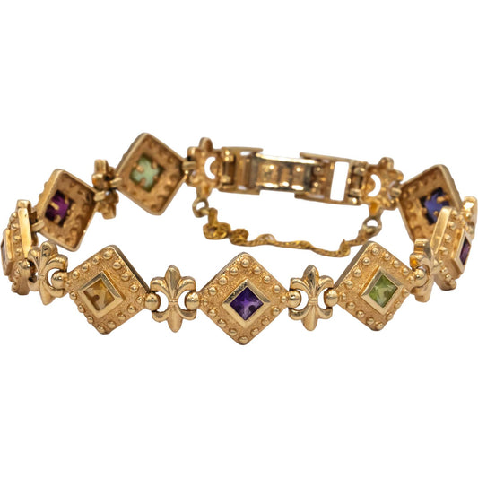 14k Yellow Gold Assorted Rainbow Gemstone Fancy Link Bracelet 5.0CT