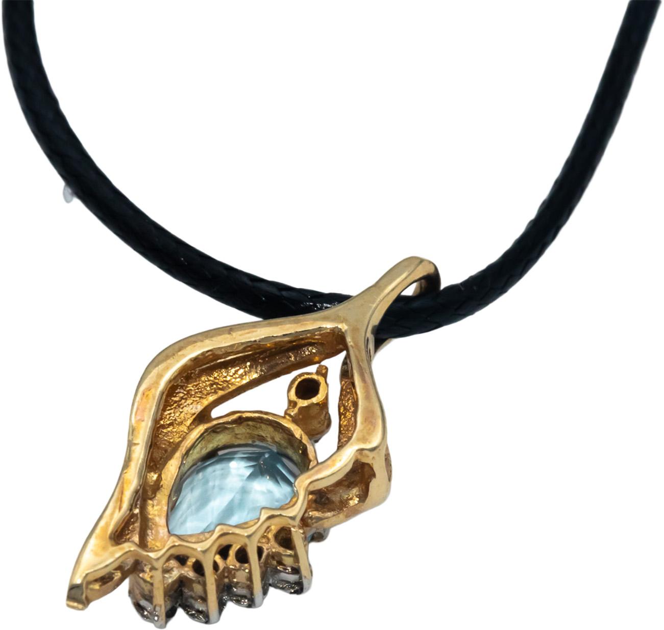14k Yellow Gold 2.05CT Diamond and Aquamarine Pendant On Cord Necklace