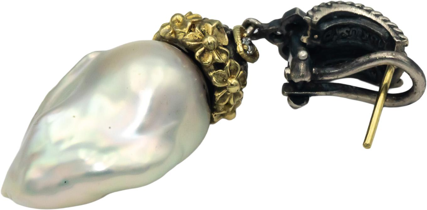 STAMBOLIAN 18k Gold Sterling Silver .14CT Diamond Freshwater Pearl Earrings