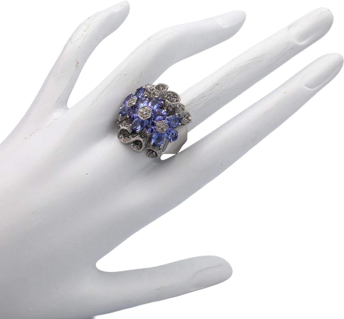 14k White Gold 4.25CT Diamond and Tanzanite Flower Cluster Ring Size 7