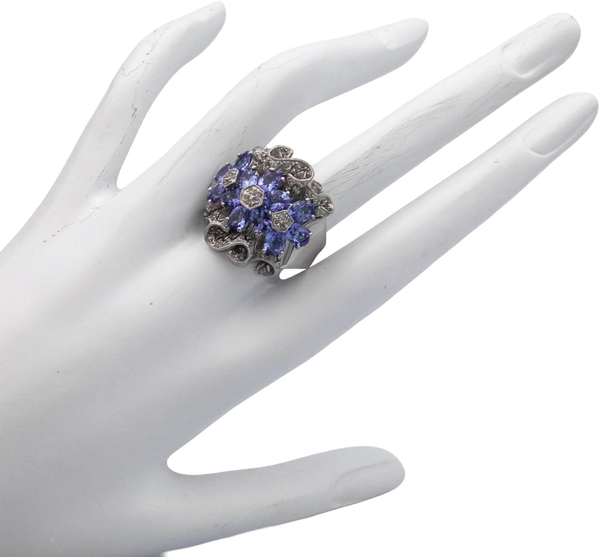 14k White Gold 4.25CT Diamond and Tanzanite Flower Cluster Ring Size 7