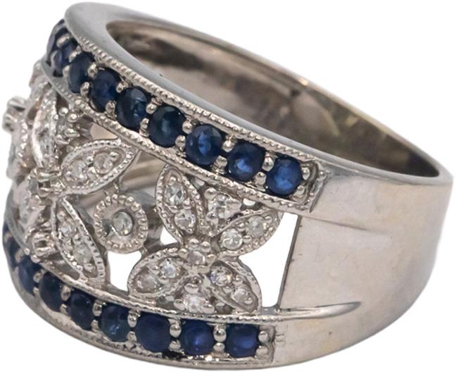 14k White Gold 0.66CT Diamond and Sapphire Floral Band Ring Size 5.25
