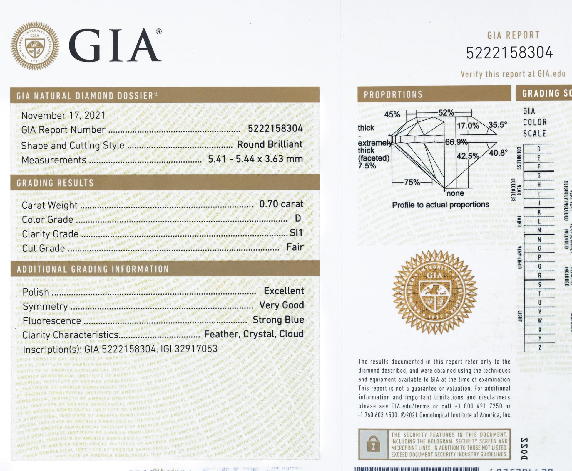 GIA Certified 0.70CT SI1/D Round Brilliant Diamond Loose Stone w/ Report