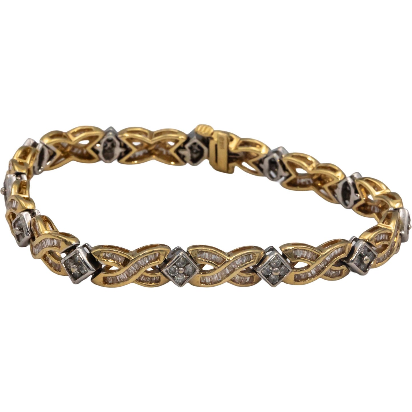 14k Yellow & White Gold Round and Baguette Diamond Fancy Link Bracelet 3.0CT