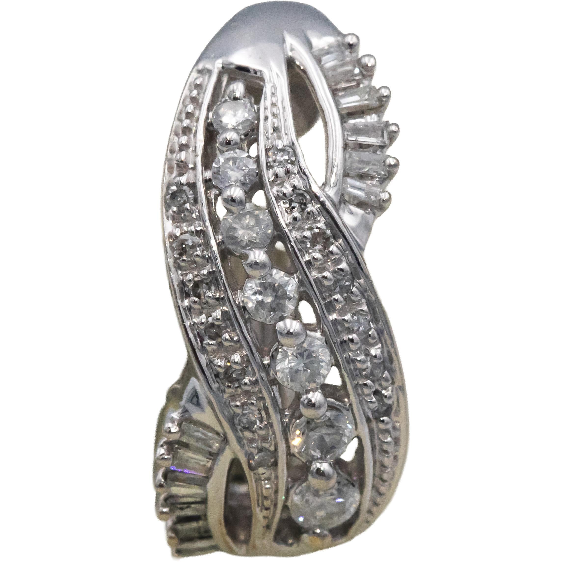 10k White Gold Round and Baguette Cut Curved Earrings 0.50CT