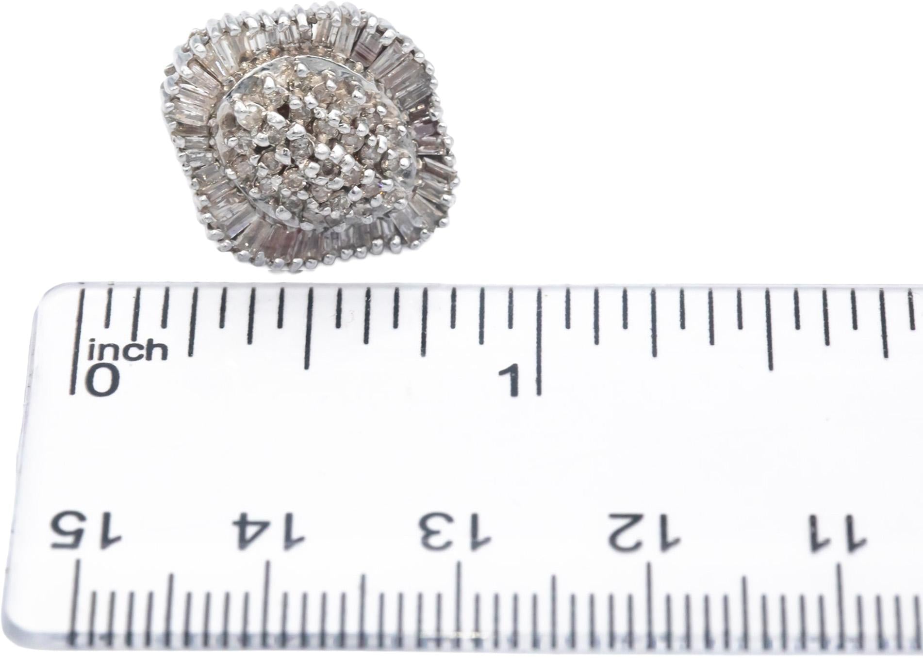 14k White Gold 1.50CT Round and Baguette Cut Cluster Stud Earrings