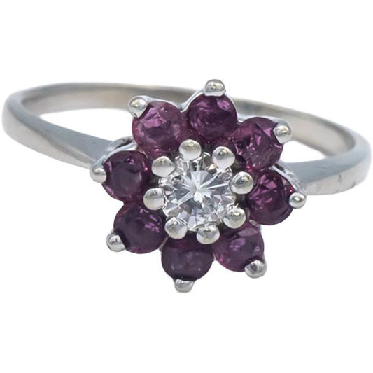 14k White Gold 0.85CT Diamond and Ruby Floral Cocktail Ring Size 8.5