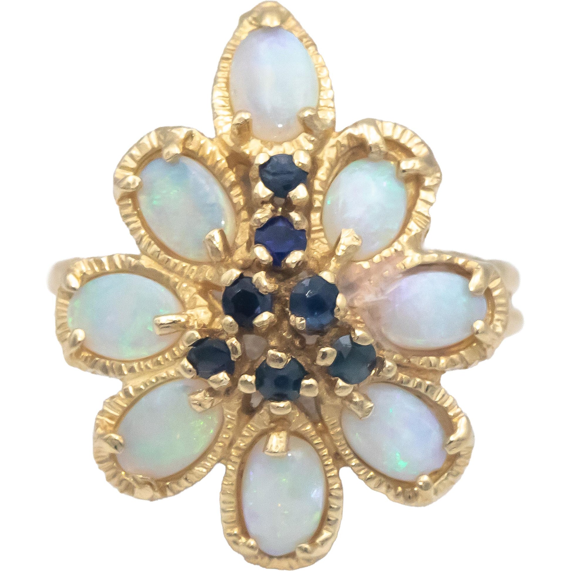 14k Yellow Gold 1.50CT Opal and Blue Sapphire Floral Cocktail Ring Size 6