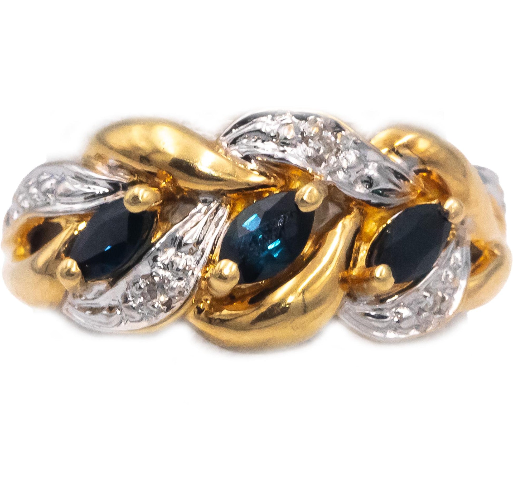 18k Yellow & White Gold Round Diamond Marquise Sapphire Ring 0.28CT Size 7