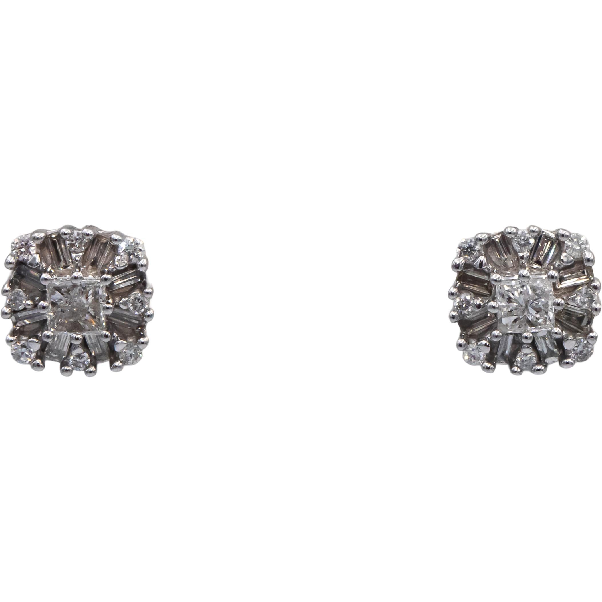 10k White Gold Round Baguette Princess Cut Diamond Cluster Stud Earrings 0.75CT