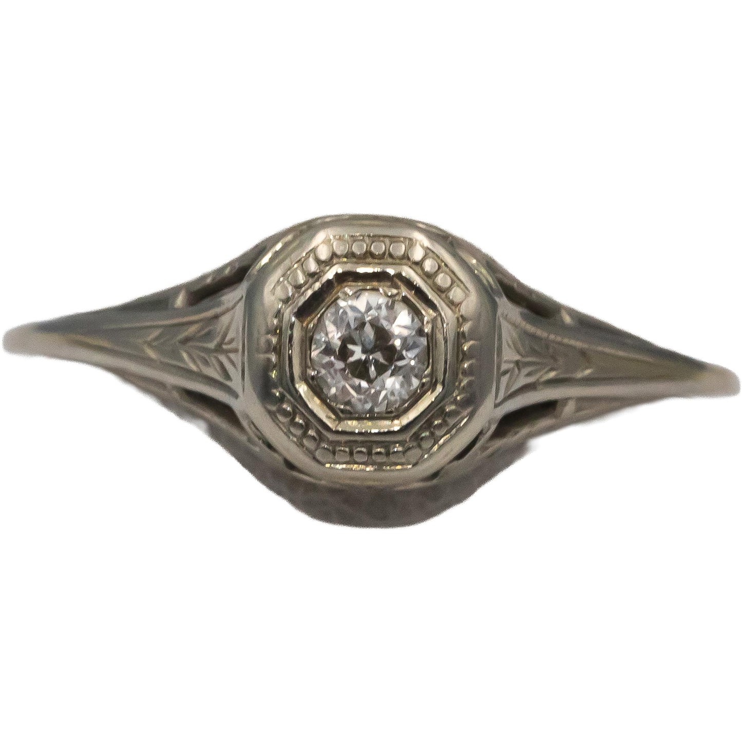 Vintage Antique 18k White Gold Old European Cut Diamond Filigree Ring 0.15CT