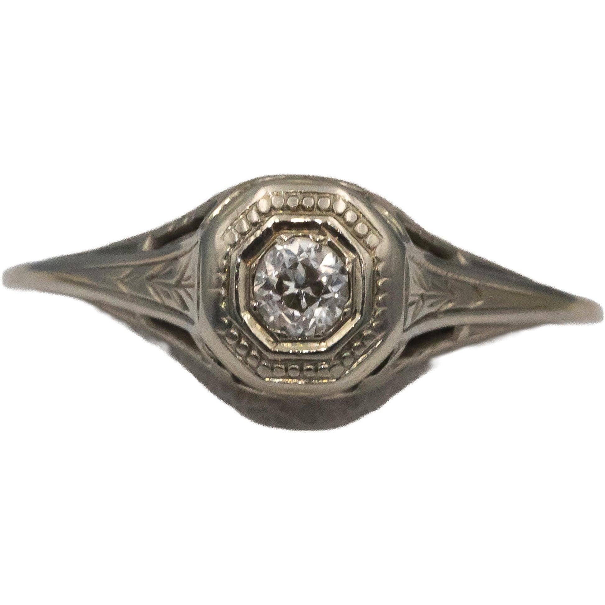 Vintage Antique 18k White Gold Old European Cut Diamond Filigree Ring 0.15CT