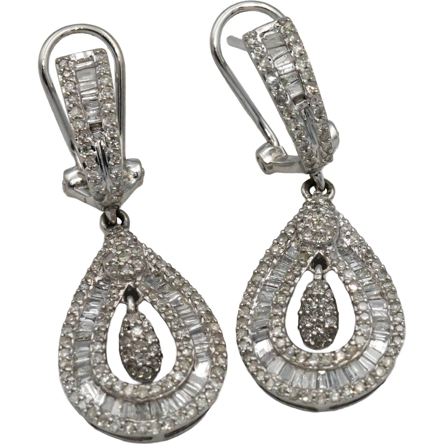 14k White Gold Round & Baguette Diamond Drop Dangle Earrings 1.0CT