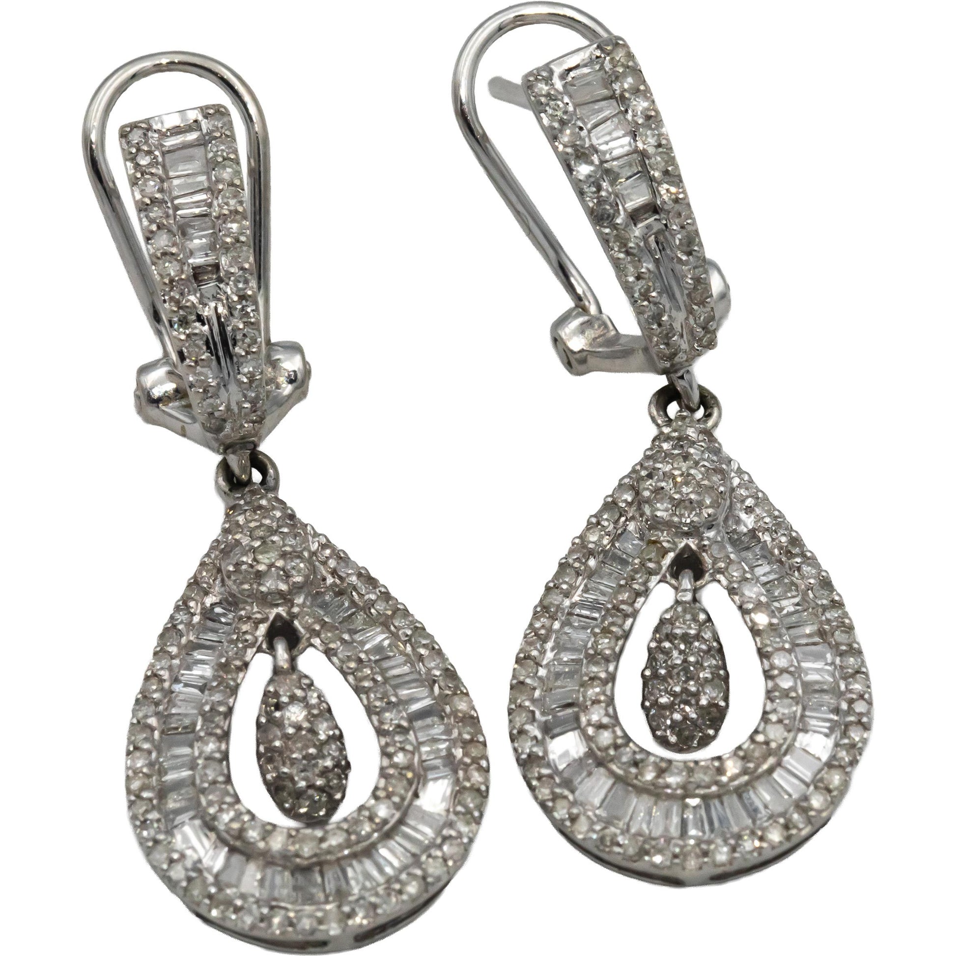 14k White Gold Round & Baguette Diamond Drop Dangle Earrings 1.0CT