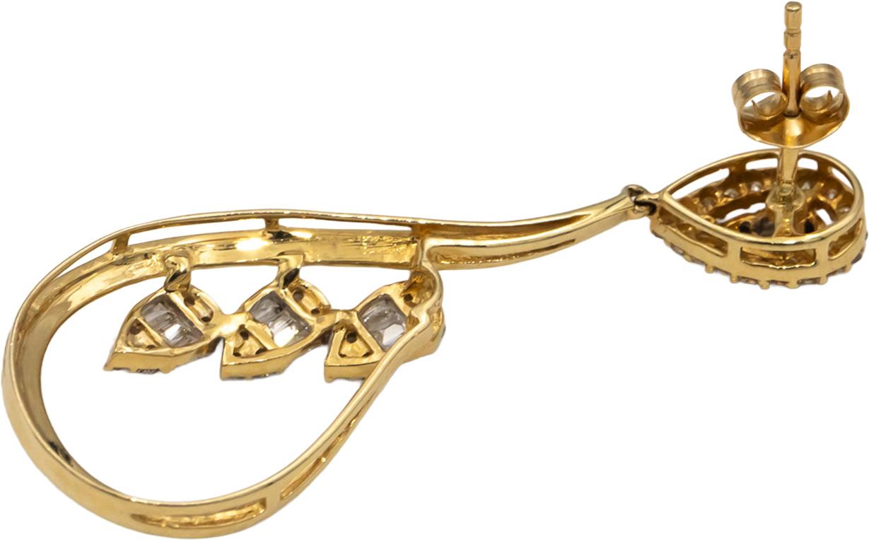 14k Yellow Gold Round & Baguette Cut Diamond Drop Dangle Earrings 1.0CT