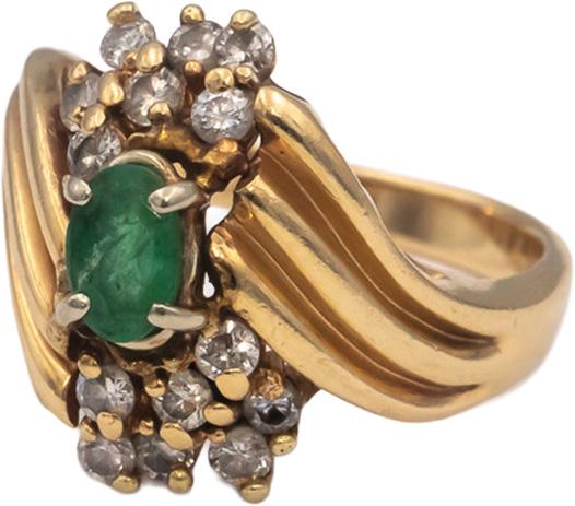 14k Yellow Gold Oval Emerald Round Diamond Cocktail Ring 1.0CT Size 6.5