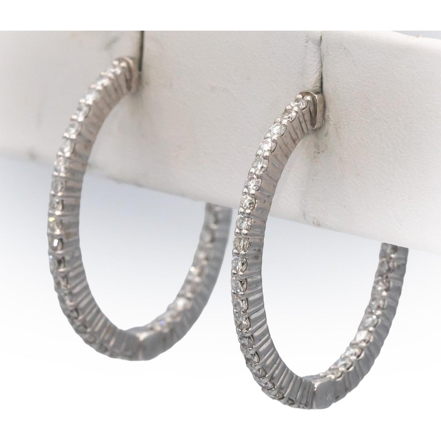 14k White Gold VS Round Diamond Inside Out Oval Hoop Earrings 1.33CT