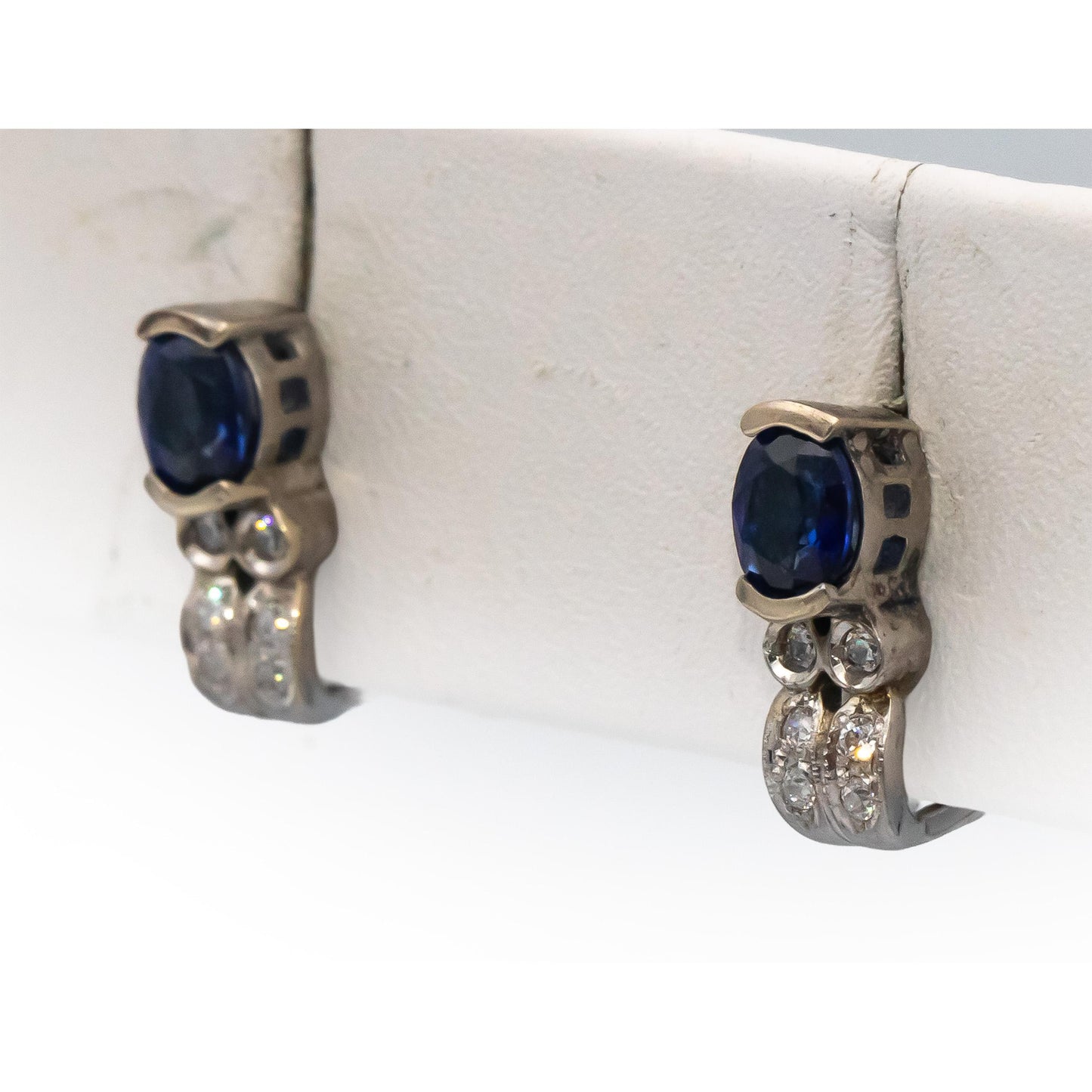 14k White Gold Oval Sapphire Round Diamond Earrings 0.95CTW