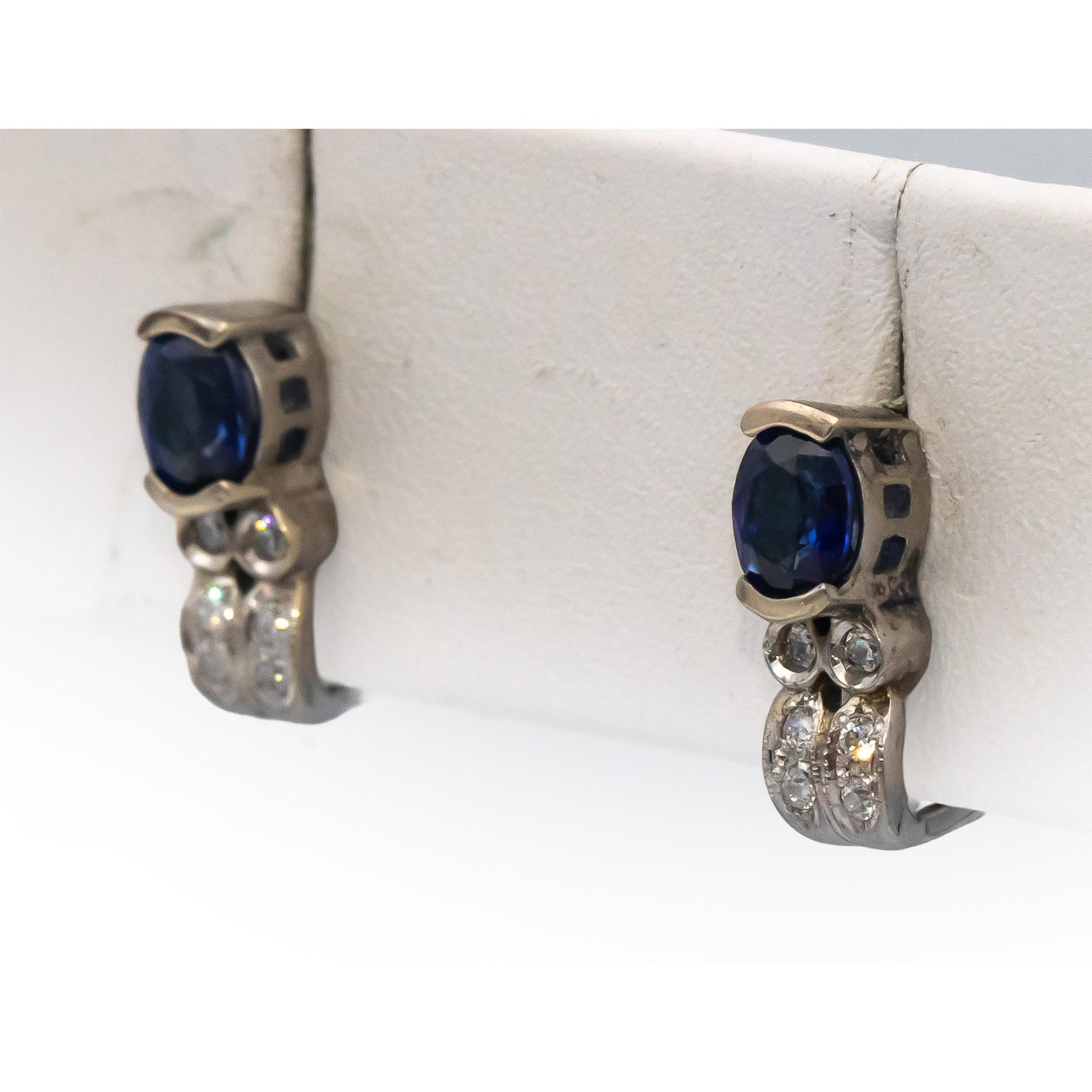 14k White Gold Oval Sapphire Round Diamond Earrings 0.95CTW