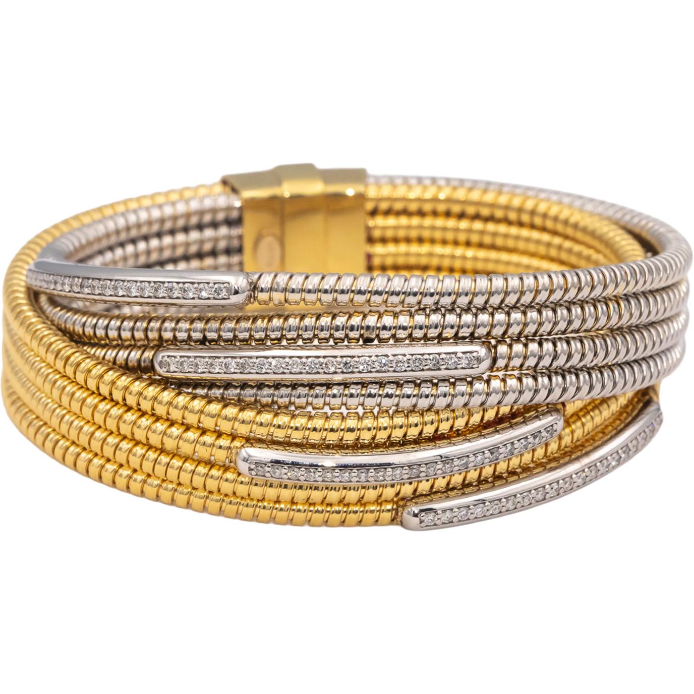 18k Yellow & White Gold Round Diamond Eight Row Flexible Bangle Bracelet 1.0CTW
