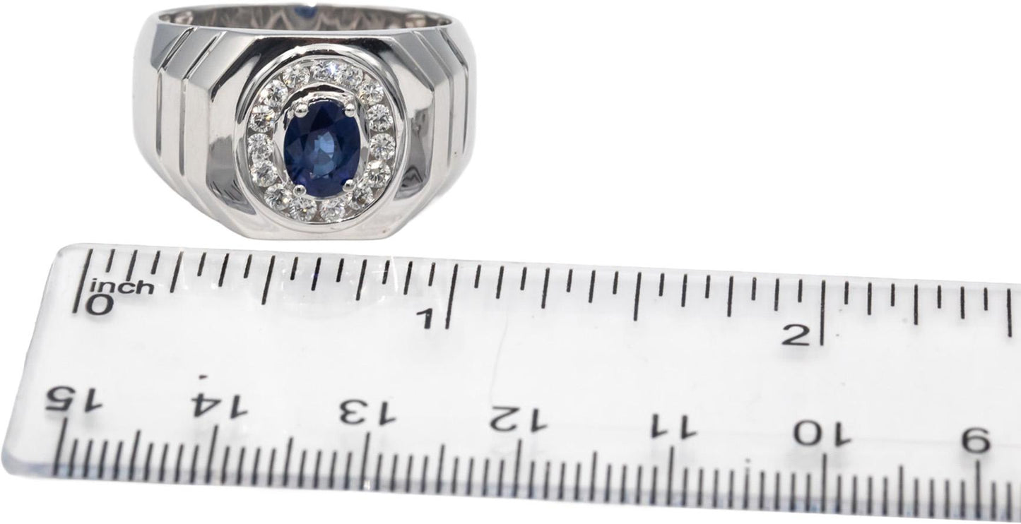 14k White Gold VS Oval Sapphire & Round Diamond Men's Ring 1.27CT Size 11