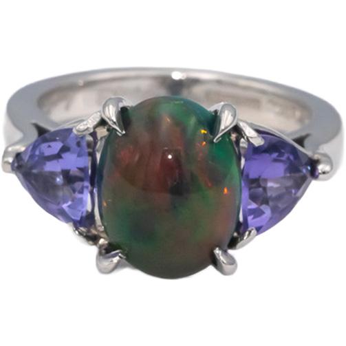 Platinum Cabochon Boulder Opal Trillion Tanzanite Cocktail Ring 5.68CT Size 6.25