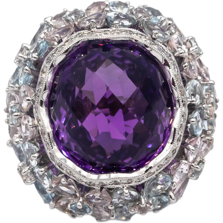 18k White Gold Amethyst Aquamarine Diamond Jumbo Cocktail Ring 33.90CT Size 8.5