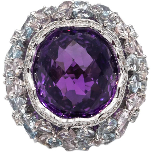 18k White Gold Amethyst Aquamarine Diamond Jumbo Cocktail Ring 33.90CT Size 8.5
