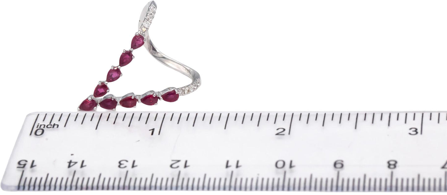 18k White Gold Pear Ruby Round Diamond V-Shaped Ring 1.10CT Size 7.5