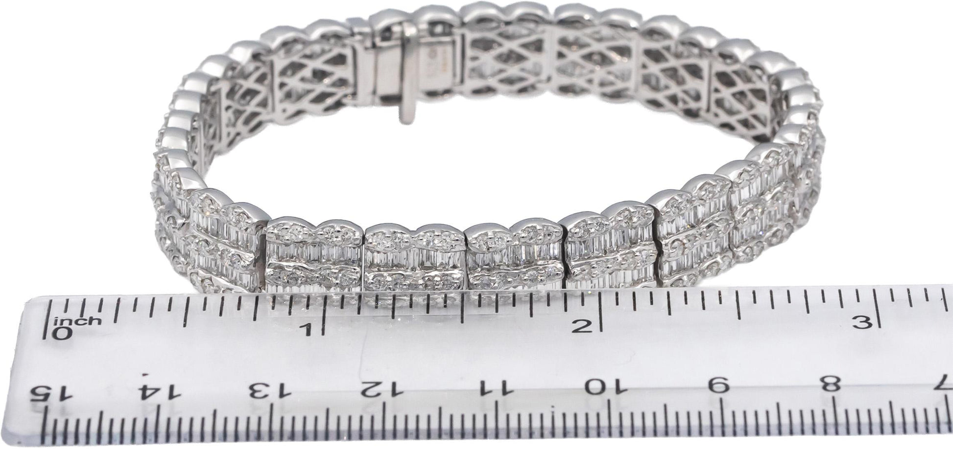 18k White Gold VS Round & Baguette Cut Diamond Fancy Link Bracelet 9.99CTW