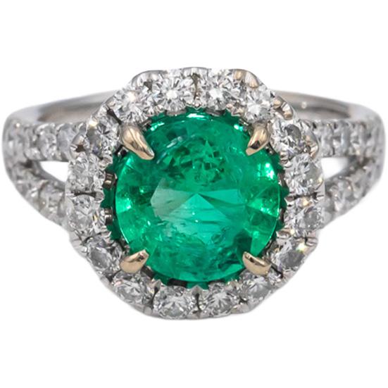 ODELIA 18k White Gold Round Diamond & Emerald Halo Cocktail Ring 2.56CTW Size 6