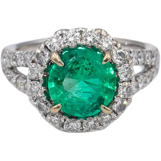 ODELIA 18k White Gold Round Diamond & Emerald Halo Cocktail Ring 2.56CTW Size 6