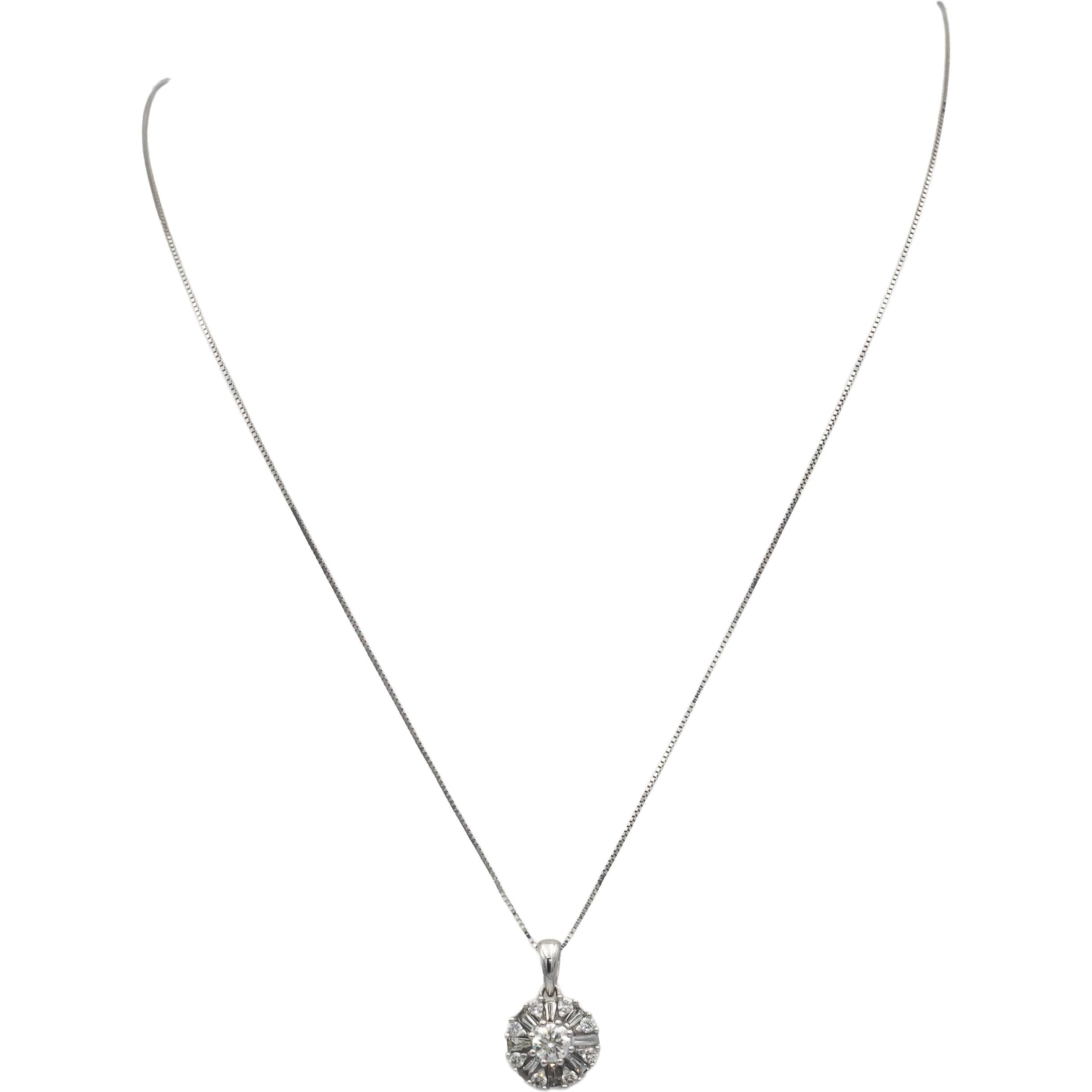 10k White Gold Round & Baguette Cut Diamond Cluster Pendant Necklace 0.75CT
